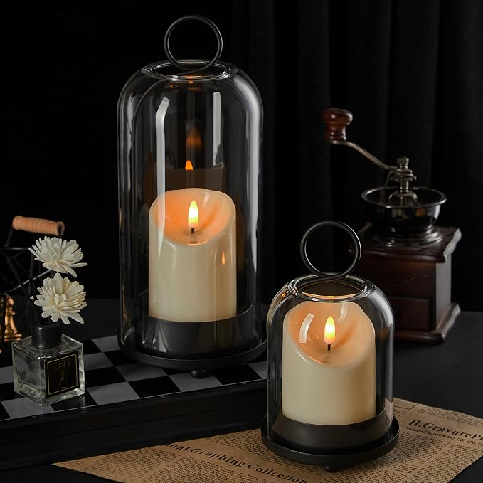 5"&4" Metal Candle Holder with Handmade Glass Dome in Brass & 2 Timer Candles by Unknown