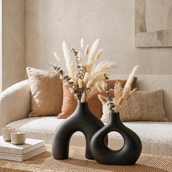 Black Ceramic Flower Vase Home Decor Set of 2, Farmhouse Table Vases Rustic - Image 6