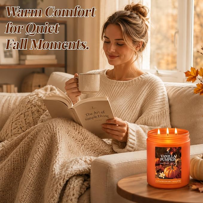 Large Fall Candle Vanilla Pumpkin Scented, 3-Wick 22oz Long Lasting | Soy Wax - Image 5