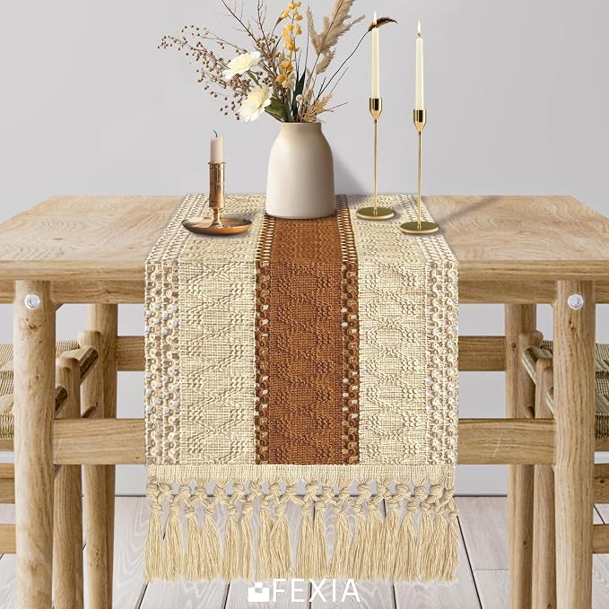 Boho Table Runner for Home Decor 12x72 Fall Coffee Table Decor Caramel | 72 - Image 6