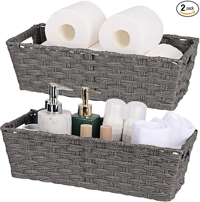 2-Pack Plastic Wicker Toilet Paper Baskets, 15.75"x6.75"x4.75", Dark Grey | by onlytak