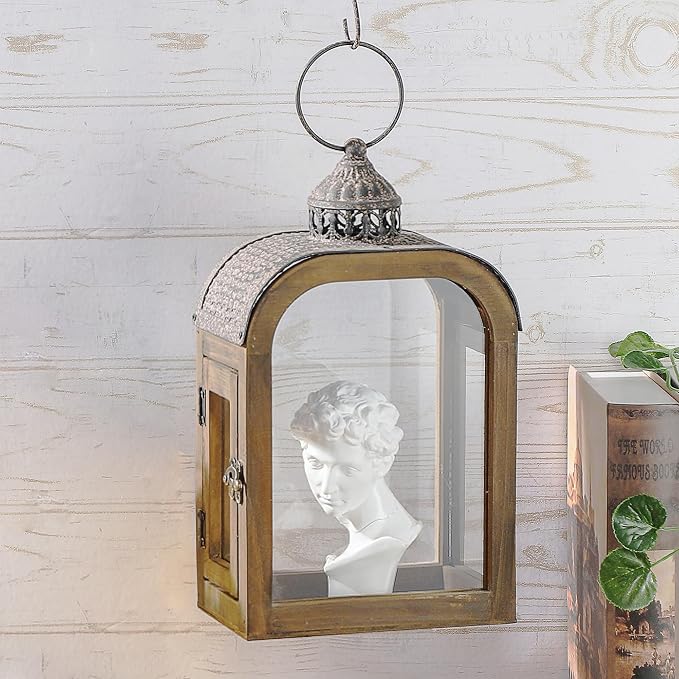 11" High Farmhouse Decorative Lantern, Glass and Metal, Distressed Brown Wood - Image 5