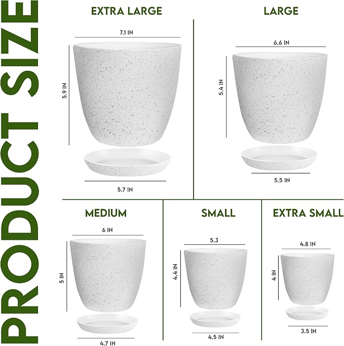 Plant Pots Indoor with Drainage 5 Pack Multi-Size Planters Set Spotty Grey | - Image 2