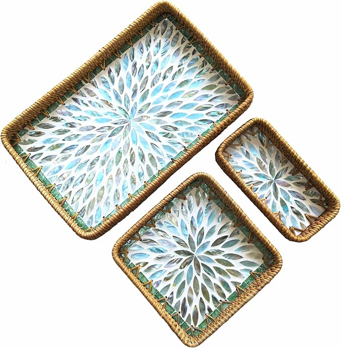 i-lan Set of 3 15" Rectangular Rattan and Mother of Pearl Serving Trays | Blue by ilan