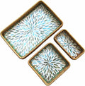 i-lan Set of 3 15" Rectangular Rattan and Mother of Pearl Serving Trays | Blue by ilan