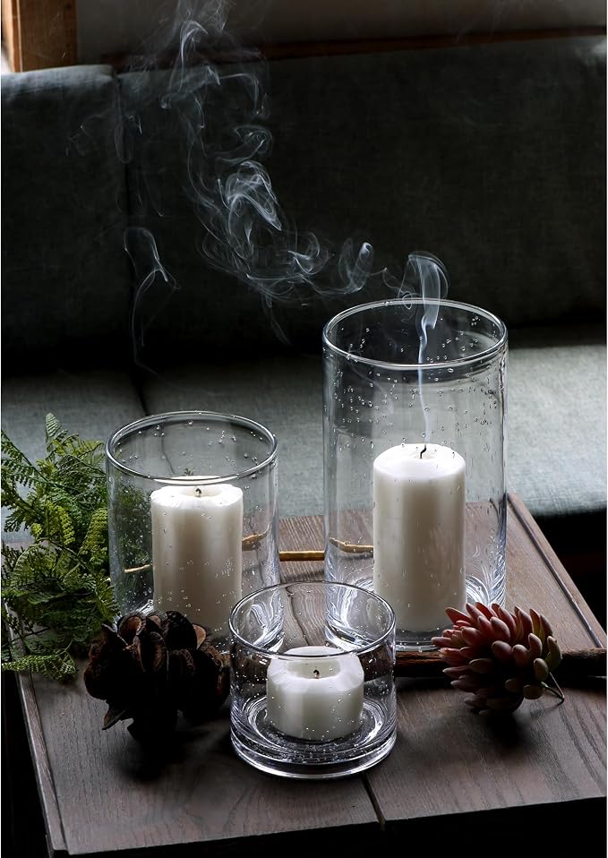 Hurricane Candle Holders Glass Cylinders Set of 3 | Clear Seeded Bubbles - Image 4