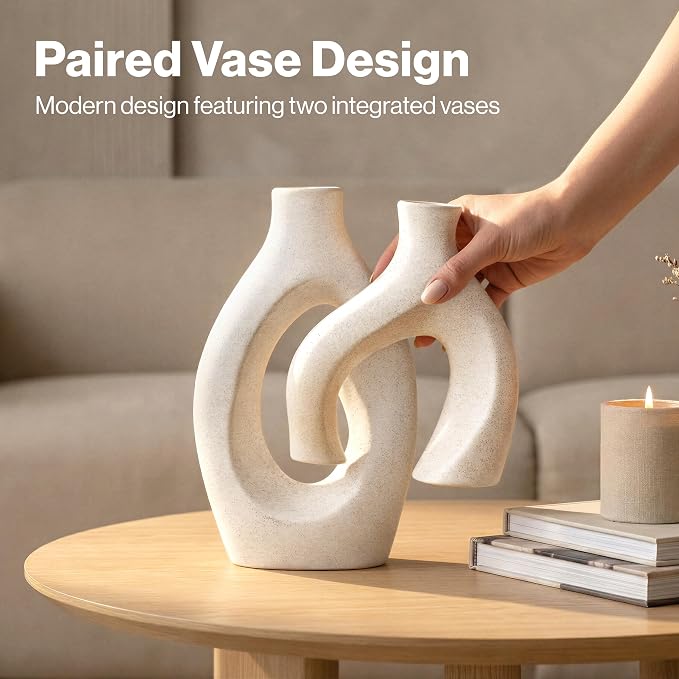 White Ceramic Vase Set of 2, Hollow Oval Flower Vases - Image 4