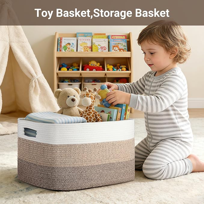 75L Laundry Basket Hamper, Gradient Brown/White, Rectangle Woven Storage Basket - Image 4