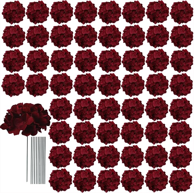AVIVIHO 65Pcs Fake Flowers Burgundy Hydrangea Artificial Flowers Bulk Silk by Aviviho