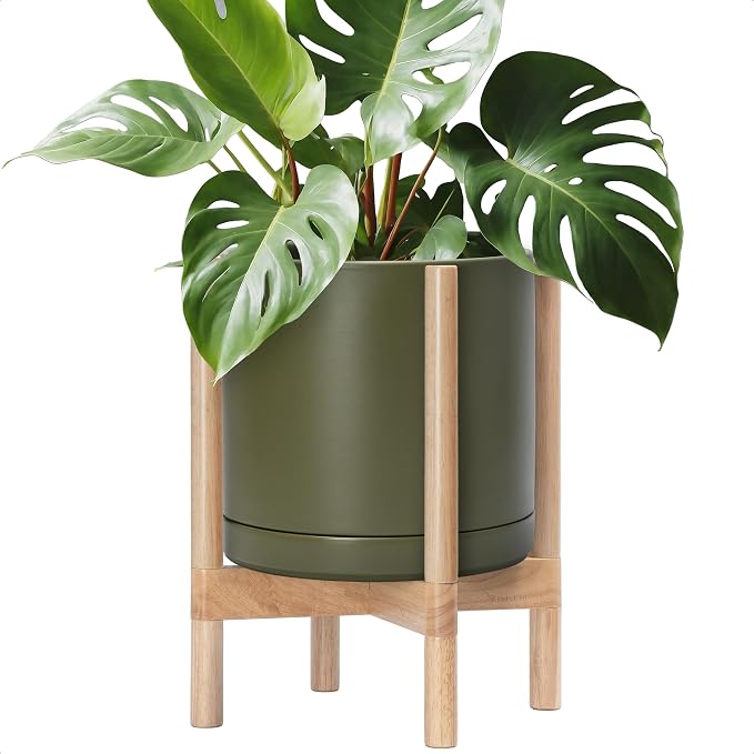 D'vine Dev Ceramic Pot with Natural Wood Stand, 12 in, 55-B-J-J | Mid-Century by DvineDevPlanterPotsandStand