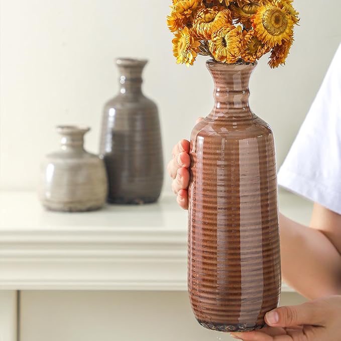 Ceramic Vases Set of 3, Neutral Rustic Farmhouse Vases Home Decor Decorative - Image 4