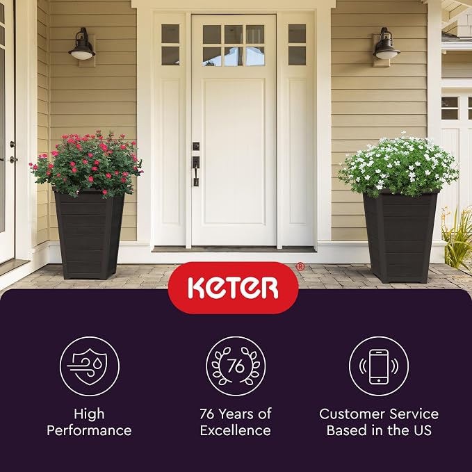 Keter Set of 2 Resin Modern Outdoor 22 Inch Tall Large Flower Pots, Tapered - Image 10