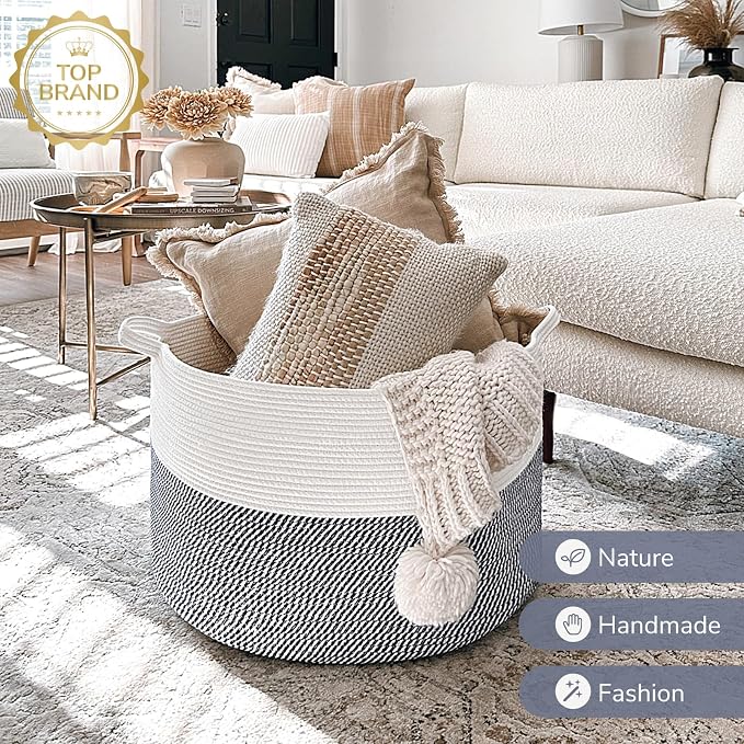 INDRESSME XXXLarge Woven Rope Blanket Basket Living Room Navy, 90L | 21.7" x - Image 6