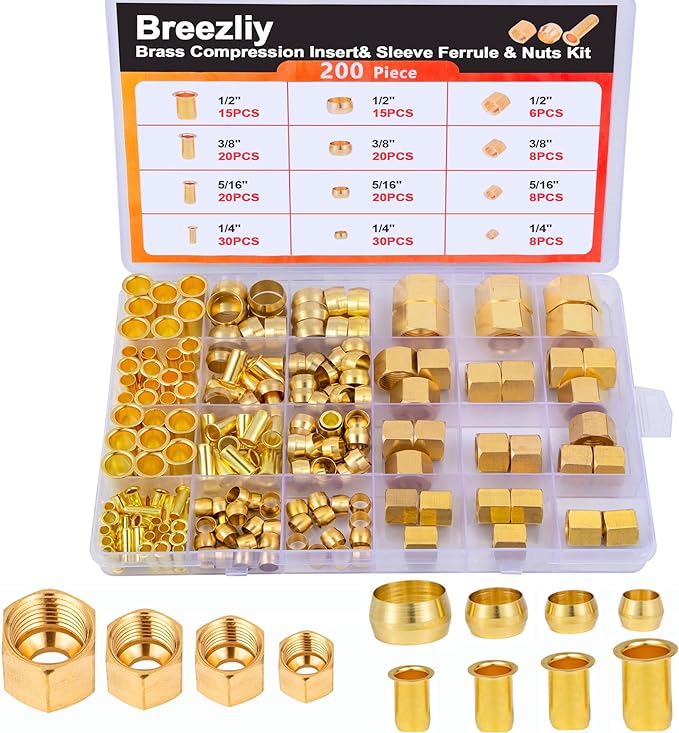 1/4", 1/2" OD Brass Compression Insert, Sleeve Ferrule, Nut 200PCS by Breezliy