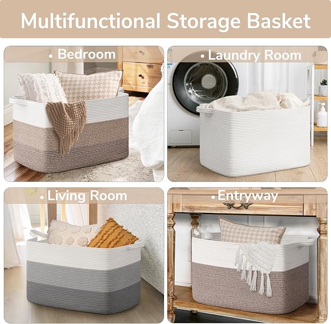 Goodpick Large Woven Blanket Basket 23.6" x 15.7" x 13.8" Cotton Rope Storage - Image 4