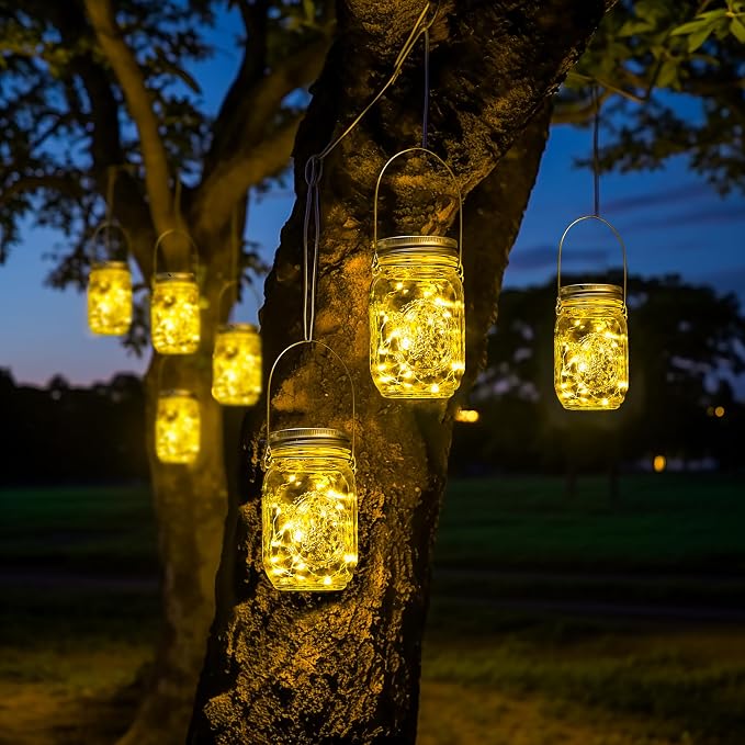 GIGALUMI Hanging Mason Jar Solar Lights, 6 Pack 30 Led Tinplate Lids | Hanging - Image 2