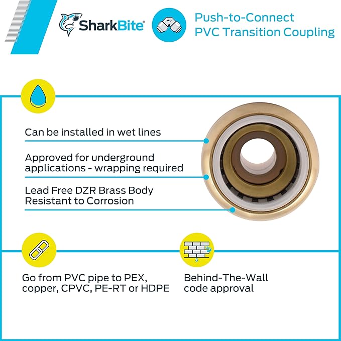 SharkBite 1/2 Inch CTS x 1/2 Inch PVC Transition Coupling, Push to Connect - Image 6