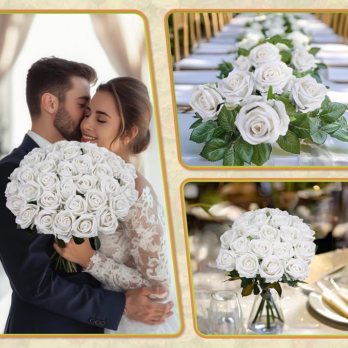 30 PCS Fake White Roses, Artificial White Flowers Bulk, Silk Faux Roses | - Image 3