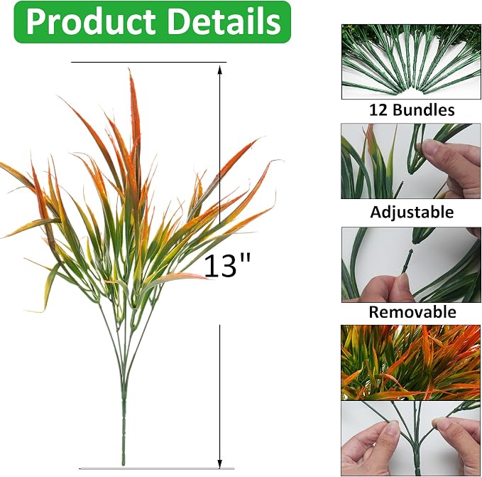 12 Bundles Fake Fall Outdoor Plants Artificial Grass, Autumn Orange | Fall Stems - Image 2
