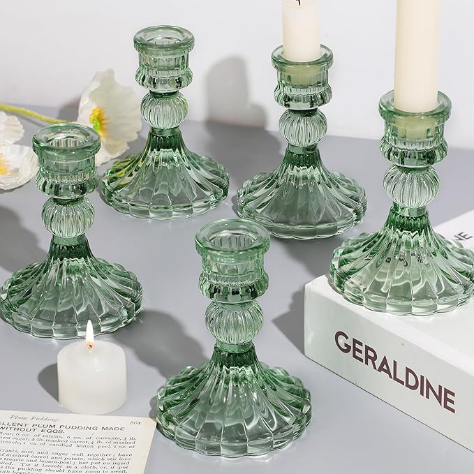 12PCS Green Candlestick Holders Set- 4" H Taper Candle Holders, Glass Candle by DARJEN