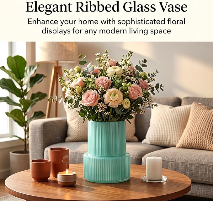 Green Ribbed Glass Vase, Modern Design Flower Vase | Home Decor - Image 4