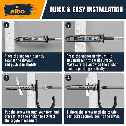 ALBO EZ Self-Drilling Drywall Toggle Anchors Kit – Heavy Duty Metal Anchors - Image 4