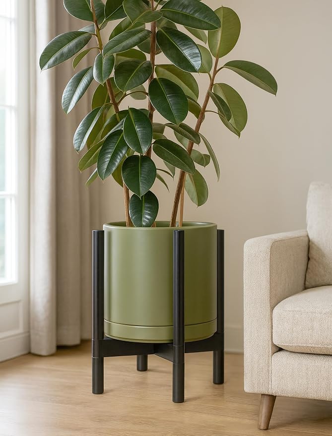 D'vine Dev Ceramic Pot with Ebony Wood Stand, 12 in, 55-B-H-J | Mid-Century - Image 4