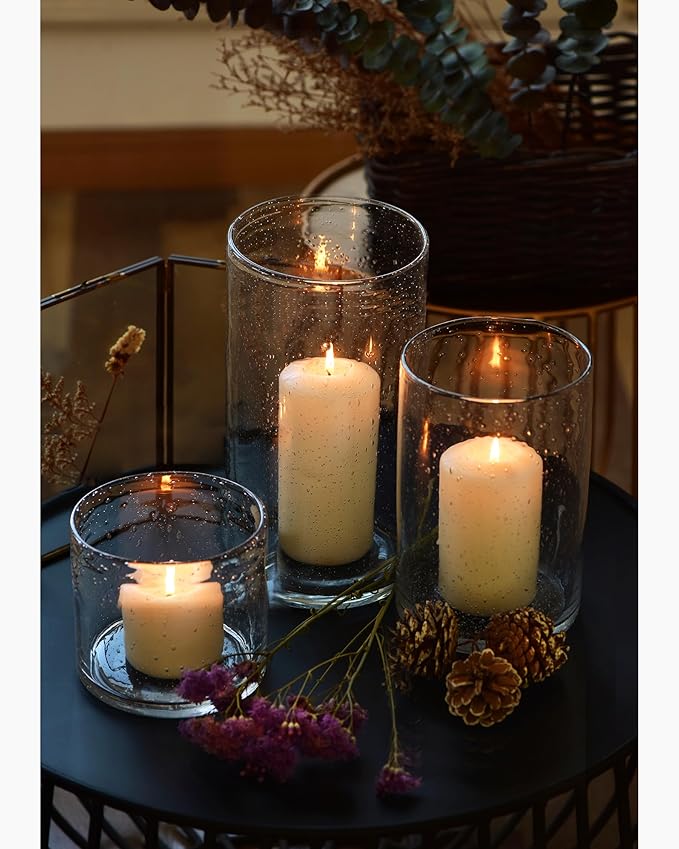 Hurricane Candle Holders Glass Cylinders Set of 3 | Clear Seeded Bubbles - Image 3