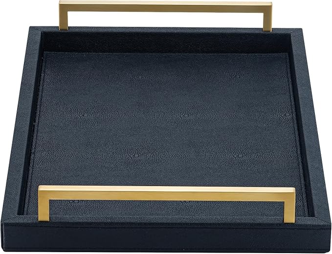 XIGEXIGE Black Faux Leather Serving Tray, 17x12 inches, Brushed Gold Handles by XIGEXIGE
