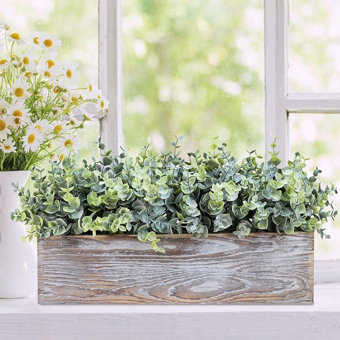 Winlyn 14" Artificial Eucalyptus in Rustic Rectangular Wooden Planter Box Faux - Image 5