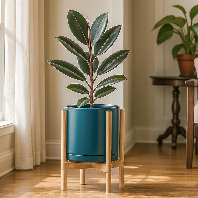 D'vine Dev Ceramic Pot with Natural Wood Stand, 12 in, 55-B-J-4 | Mid-Century - Image 2