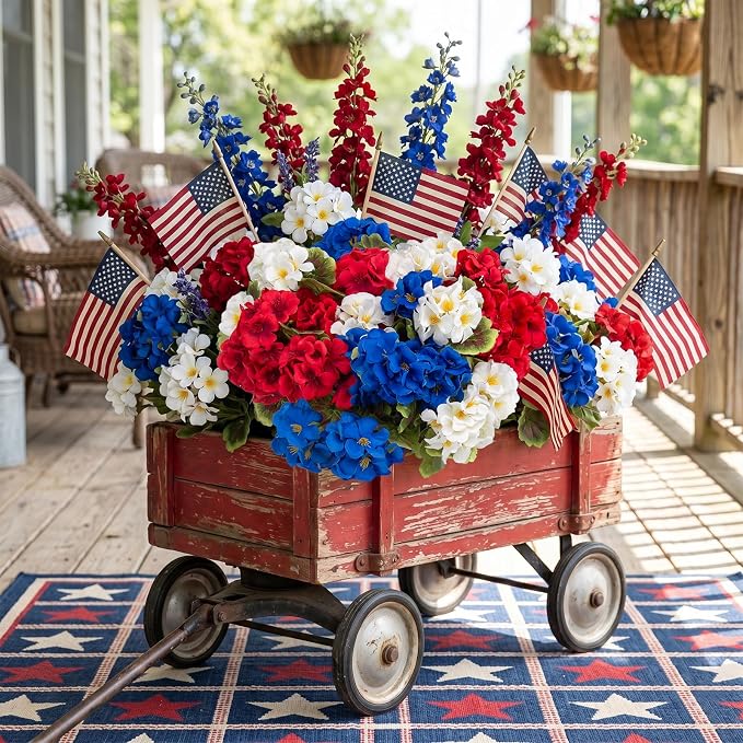 lovemoon 8 Pcs Artificial Geraniums Realistic Silk Patriotic Flowers - Image 3