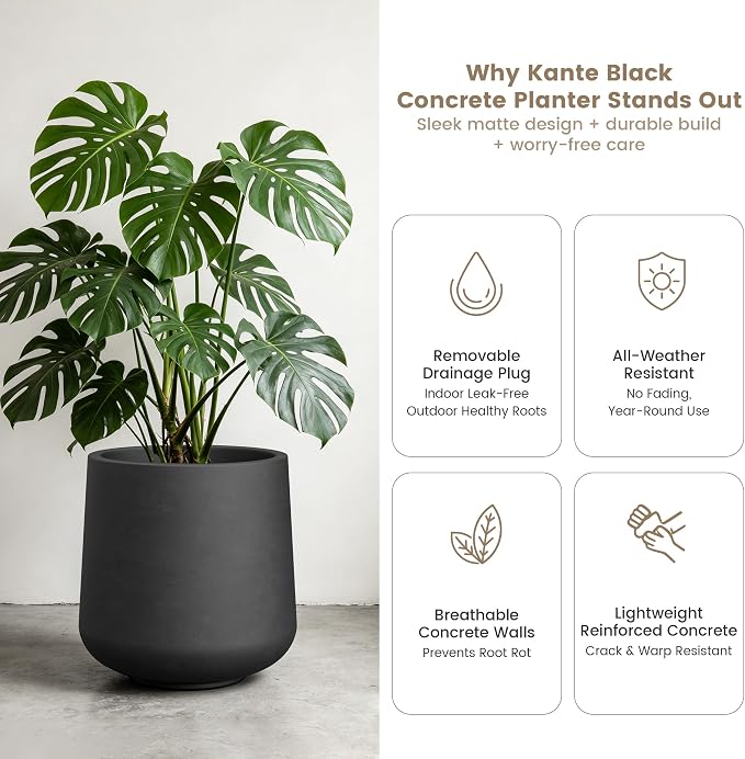 Kante Accent Round Curved Black Concrete Planter 13" Dia, Outdoor | Rubber Plug - Image 5