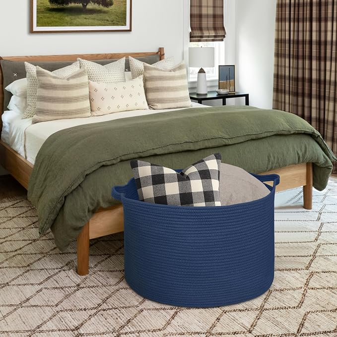 115L Dark Blue Basket for Organizing, 23.6" x 15.7" XXXL Woven Cotton Rope - Image 5