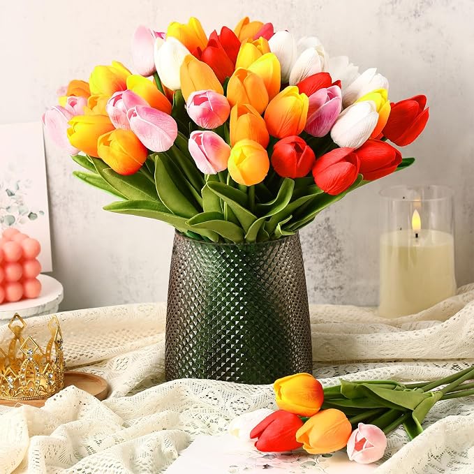 Janinka 75pcs Artificial Tulip Flowers Fake PU Tulips Faux Latex Bouquet Flower - Image 4
