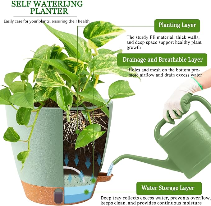 2 Pack 8 Inch Pots for Plants Indoor, Plastic Self Watering Planters | Drainage - Image 5