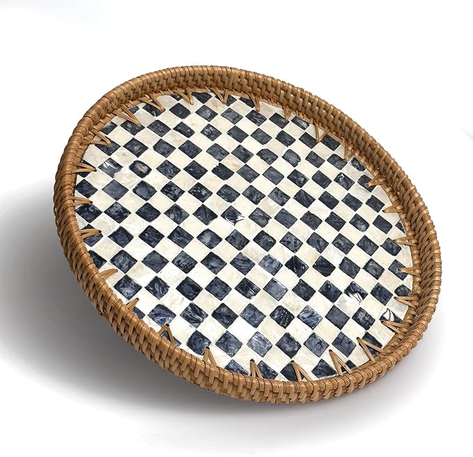 Round Rattan Tray with Mother of Pearl Inlay, Decorative Basket with Wooden Base by Unknown