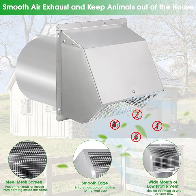 10 Inch Hooded Wall Vent with Screen and Damper, Exterior Wall Exhaust Vent - Image 3