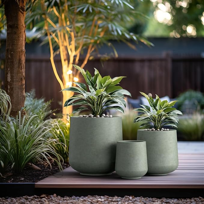 Kante Set of 3 Mint Green Concrete Curved Planters 16.5" 13" 9.4" Dia | Drainage - Image 6