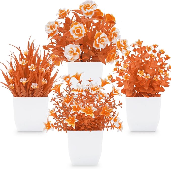 Der Rose 4 Pack Fall Fake Flowers Mums Artificial Plants in Pots Home Decor | by DerRose