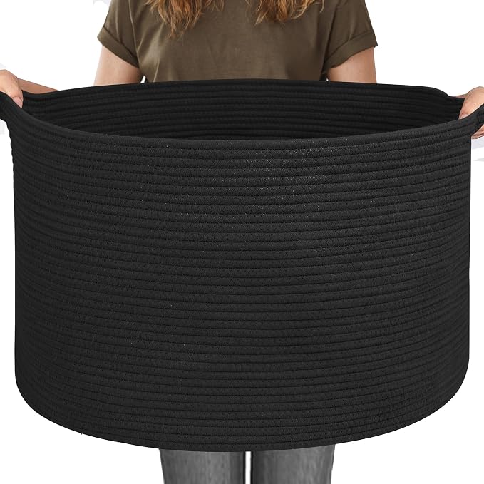 115L Super Large Black Blanket Basket, 23.6"x15.7" Woven Rope Bin by MEGASKET