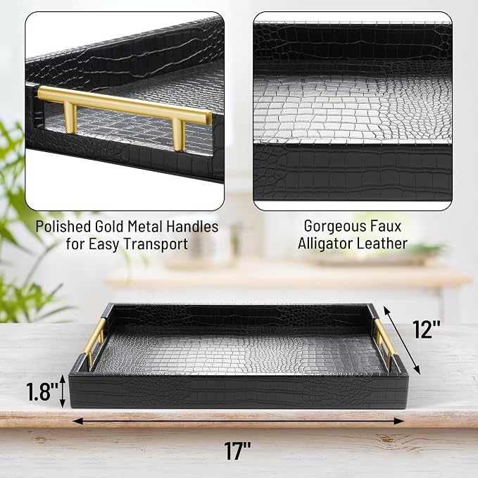 ATZYmolin 17"x12" Leather Serving Tray, Polished Metal Handles, Coffee Table - Image 2