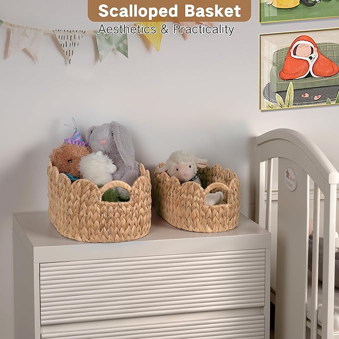 iEGrow Scalloped Wicker Basket, Water Hyacinth Storage Oval Cute Baby Baskets - Image 2