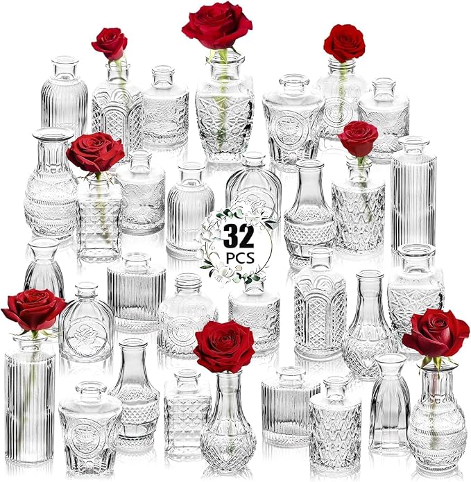 Clear Glass Bud Vase Set of 32 Pcs, Small Bud Vases in Bulk, Glass Crystal by JXINDUJU
