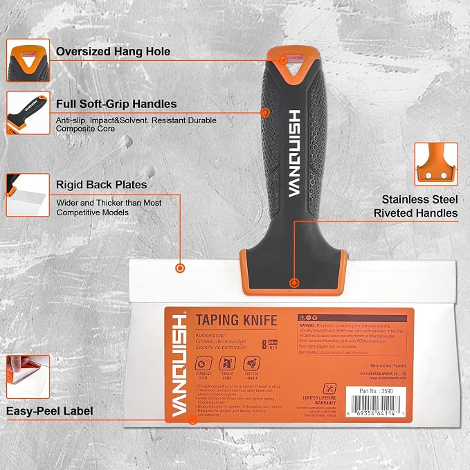 VANQUISH 8 Inch Stainless Steel Drywall Taping Knife, Soft Grip Handle - Image 2