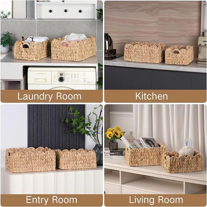 iEGrow Scalloped Wicker Basket, Rectangle Storage Baskets - Image 7