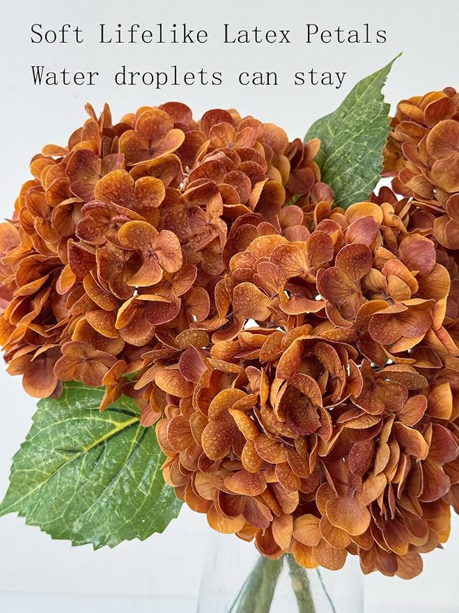 YalzoneMet 3 Pcs Orange Brown Hydrangea Artificial Flowers 21‘’ Real Touch - Image 7