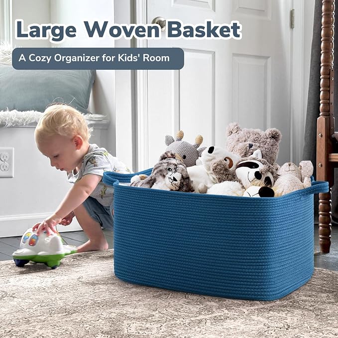 Goodpick Large Woven Rope Blanket Basket, Dark Blue | 21.6'' x 14.9'' x 11.8'' - Image 2