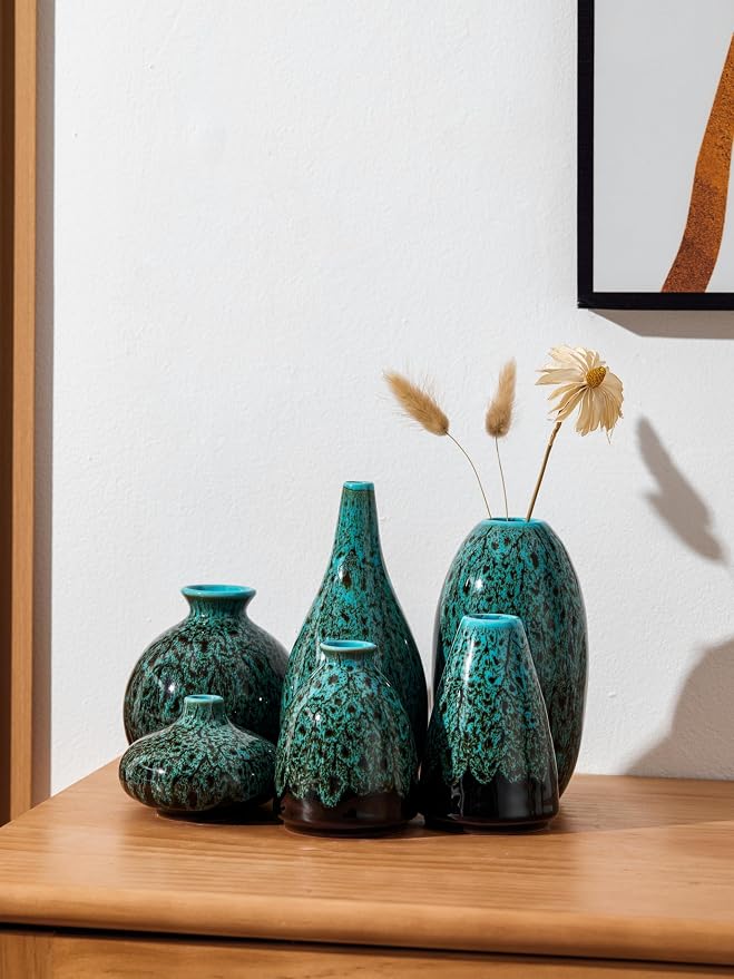 Ceramic Bud Vase Set, Fambe Blue Glazed Finish, Decorative Flower Vases - Image 2