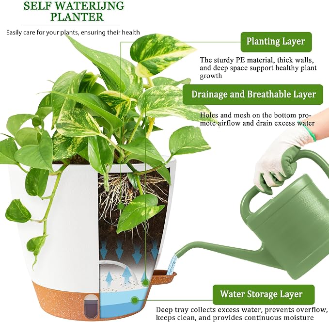 2 Pack 8 Inch Pots for Plants Indoor, Plastic Self Watering Planters | Drainage - Image 8
